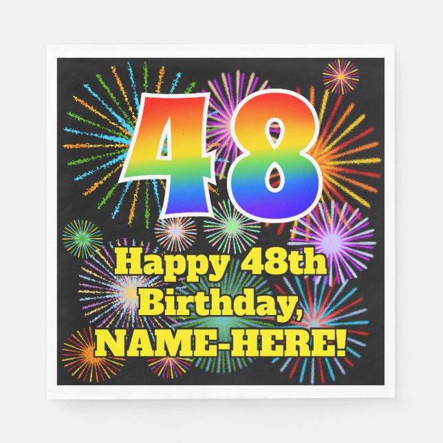 48th Birthday: Fun Fireworks Pattern + Rainbow 48 Napkins (Front)