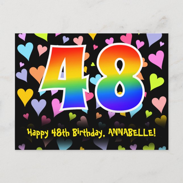 48th Birthday: Fun Hearts Pattern, Rainbow 48 Postcard (Front)