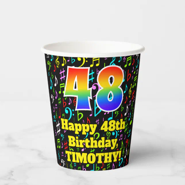 48th Birthday: Fun Music Notes Pattern, Rainbow 48 Paper Cups | Zazzle