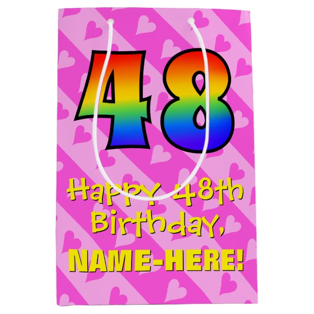 48th Birthday: Fun Pink Hearts Stripes; Rainbow 48 Medium Gift Bag (Front)