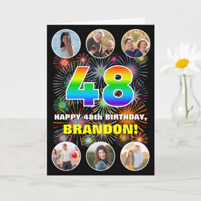 48th Birthday: Fun Rainbow #, Custom Name & Photos Card (Small Plant)