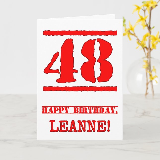 48th Birthday: Fun, Red Rubber Stamp Inspired Look Card (Yellow Flower)