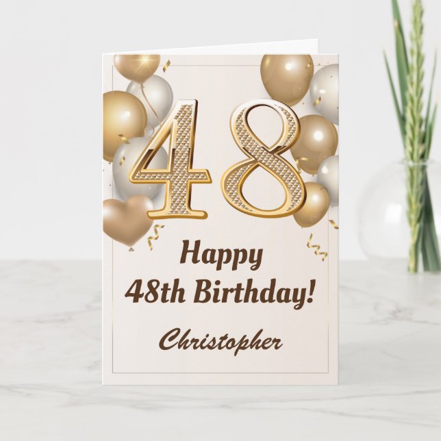 48th Birthday Gold Balloons and Confetti Birthday Card (Front)