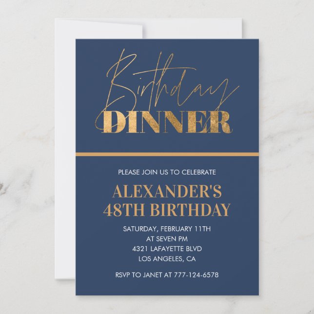 48th birthday invitation Birthday Dinner Gold Navy (Front)
