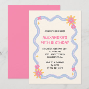 48th birthday invitation Retro Groovy Pink Flowers