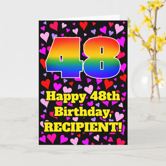 48th Birthday: Loving Hearts Pattern, Rainbow # 48 Card (Yellow Flower)