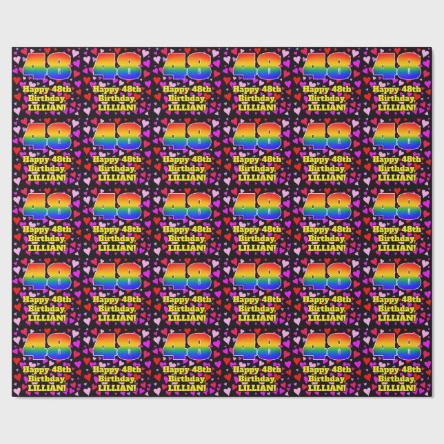 48th Birthday: Loving Hearts Pattern, Rainbow # 48 Wrapping Paper (Seam)
