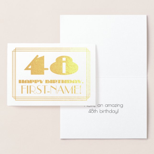 48th Birthday; Name + Art Deco Inspired Look "48" Foil Card (Display)