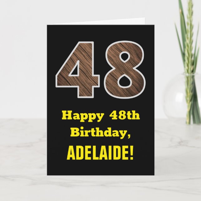 48th Birthday: Name, Faux Wood Grain Pattern "48" Card (Front)