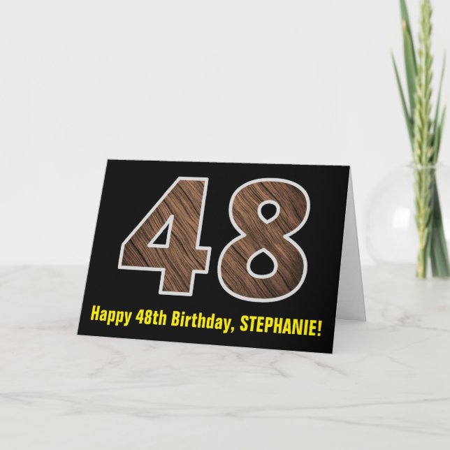 48th Birthday: Name + Faux Wood Grain Pattern "48" Card (Front)