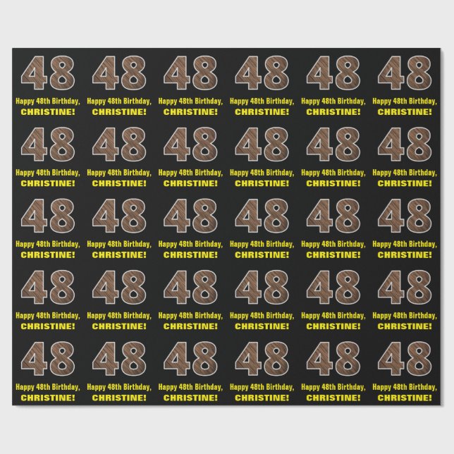 48th Birthday: Name & Faux Wood Grain Pattern "48" Wrapping Paper (Flat)