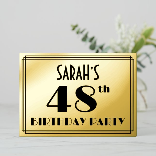 48th Birthday Party — Art Deco Look “48” + Name Foil Invitation (Standing Front)