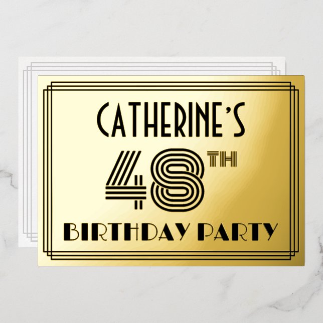 48th Birthday Party — Art Deco Style “48” & Name Foil Invitation (Front/Back)