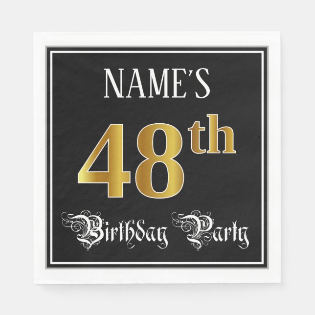 48th Birthday Party — Fancy Script, Faux Gold Look Napkins (Front)