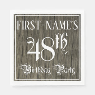 48th Birthday Party — Fancy Script, Faux Wood Look Napkins