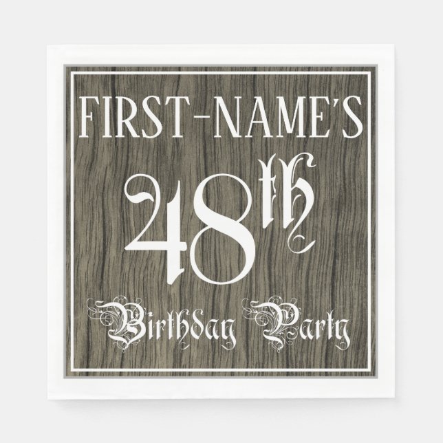 48th Birthday Party — Fancy Script, Faux Wood Look Napkins (Front)