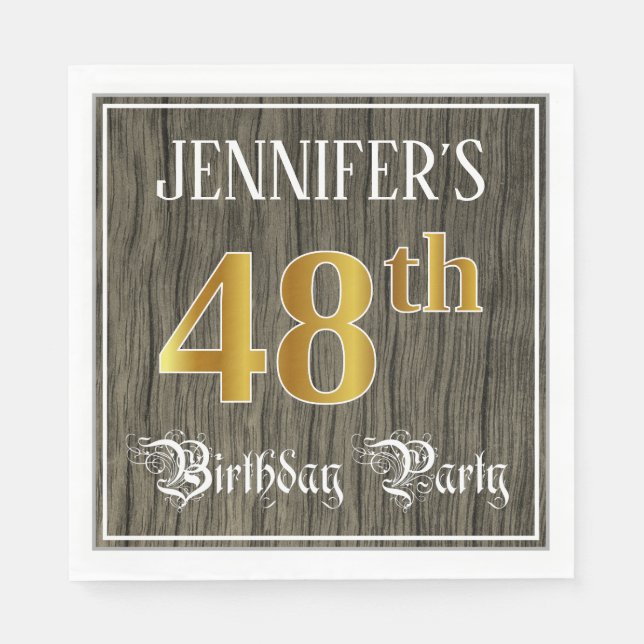 48th Birthday Party — Faux Gold & Faux Wood Looks Napkins (Front)