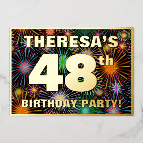 48th Birthday Party  Fun Colorful Fireworks Look Foil Invitation