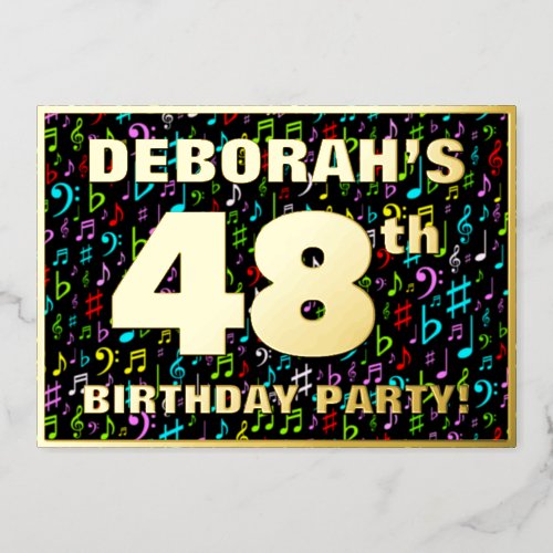 48th Birthday Party  Fun Colorful Music Symbols Foil Invitation