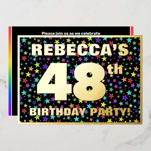 48th Birthday Party — Fun, Colorful Stars Pattern Foil Invitation (Front/Back)