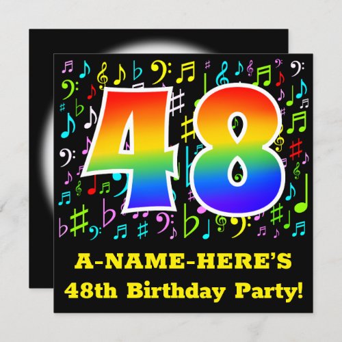 48th Birthday Party Fun Music Symbols Rainbow 48 Invitation