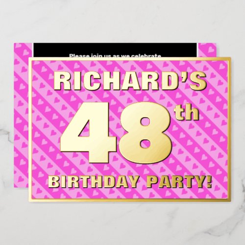 48th Birthday Party  Fun Pink Hearts and Stripes Foil Invitation