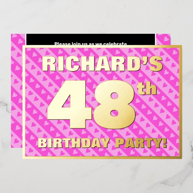 48th Birthday Party — Fun Pink Hearts and Stripes Foil Invitation (Front/Back)
