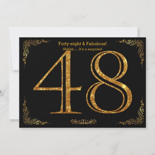 48th Birthday partyGatsby stylblack gold glitter Invitation