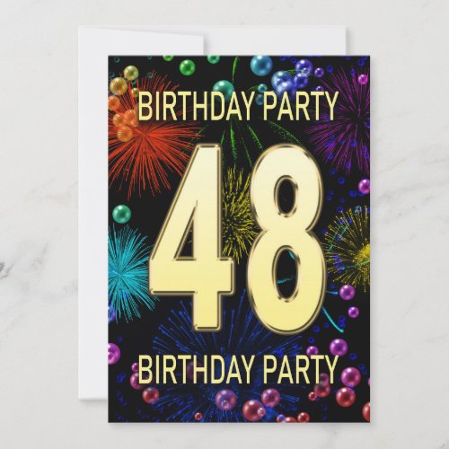 48th Birthday Party Invitation Fireworks Bubbles