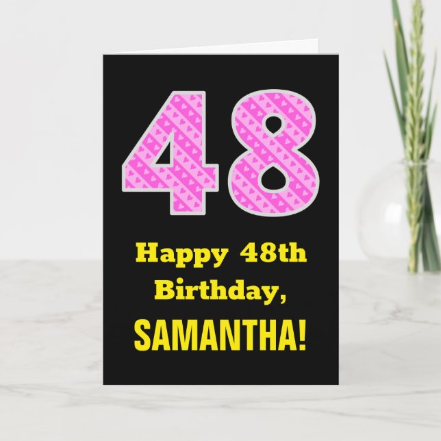 48th Birthday: Pink Stripes and Hearts "48" + Name Card (Front)