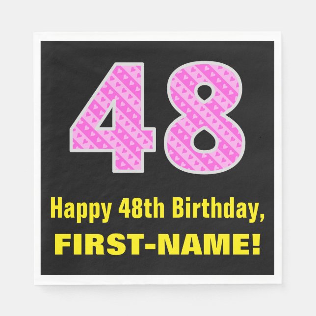48th Birthday: Pink Stripes and Hearts "48" + Name Napkins (Front)