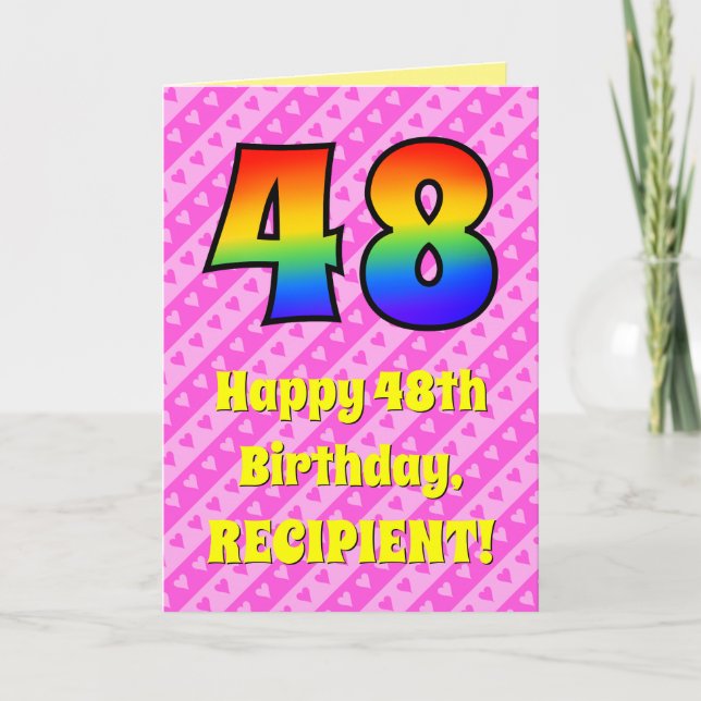 48th Birthday: Pink Stripes & Hearts, Rainbow # 48 Card (Front)