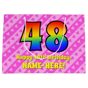 48th Birthday: Pink Stripes & Hearts, Rainbow # 48 Large Gift Bag