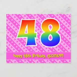 48th Birthday: Pink Stripes & Hearts, Rainbow 48 Postcard