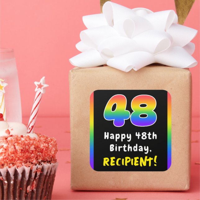 48th Birthday: Rainbow Spectrum # 48, Custom Name Square Sticker (Party)