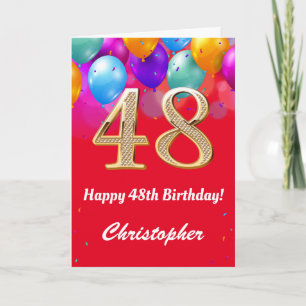 48th Birthday Red and Gold Colorful Balloons Card