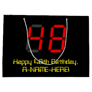 48th Birthday: Red Digital Clock Style "48" + Name Large Gift Bag