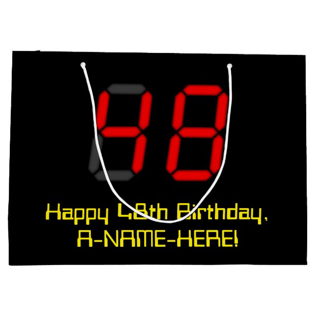 48th Birthday: Red Digital Clock Style "48" + Name Large Gift Bag (Back)