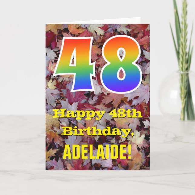 48th Birthday; Rustic Autumn Leaves; Rainbow "48" Card (Front)
