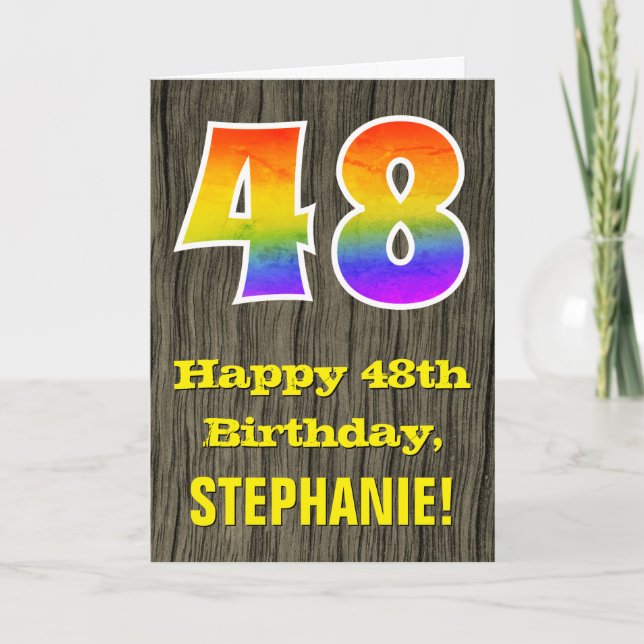 48th Birthday: Rustic Faux Wood Look, Rainbow "48" Card (Front)