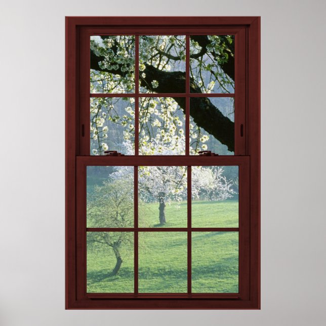 48x32 Frosted Glass Cherry Wood Faux Window Poster (Front)