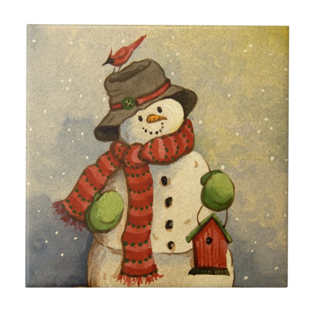 4905 Snowman & Birdhouse Christmas Ceramic Tile (Front)