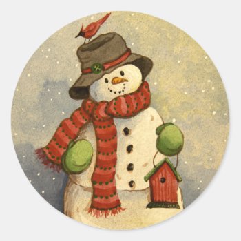 4905 Snowman & Birdhouse Christmas Classic Round Sticker by RuthGarrison at Zazzle