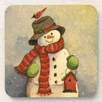 4905 Snowman & Birdhouse Christmas Coaster by RuthGarrison at Zazzle