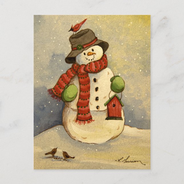 4905 Snowman & Birdhouse Christmas Holiday Postcard (Front)