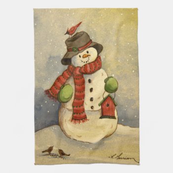 4905 Snowman & Birdhouse Christmas Kitchen Towel by RuthGarrison at Zazzle
