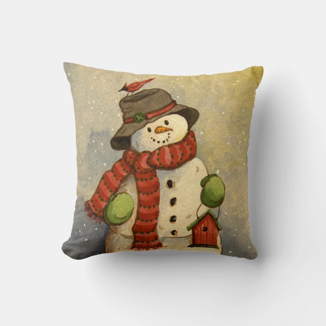 4905 Snowman & Birdhouse Christmas Throw Pillow (Front)