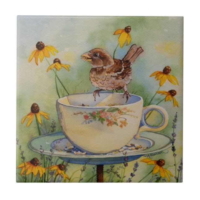 4920 Sparrow on Teacup Feeder with Coneflowers Ceramic Tile (Front)