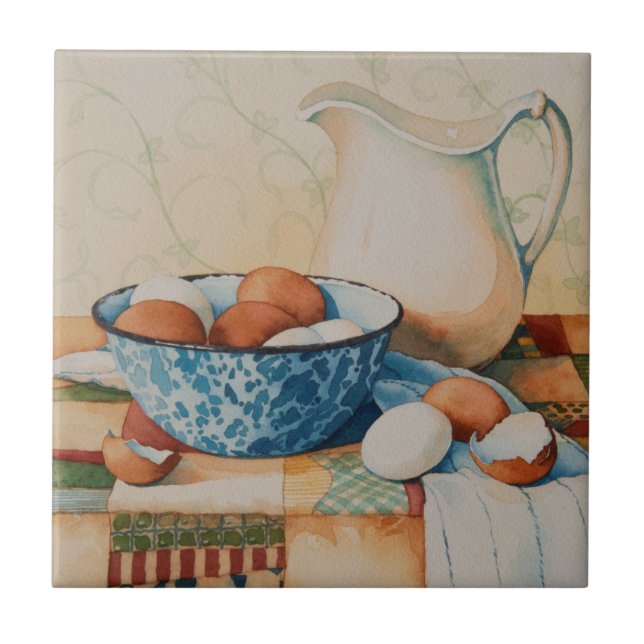 4925 Eggs in Enamelware Bowl with Pitcher Ceramic Tile (Front)