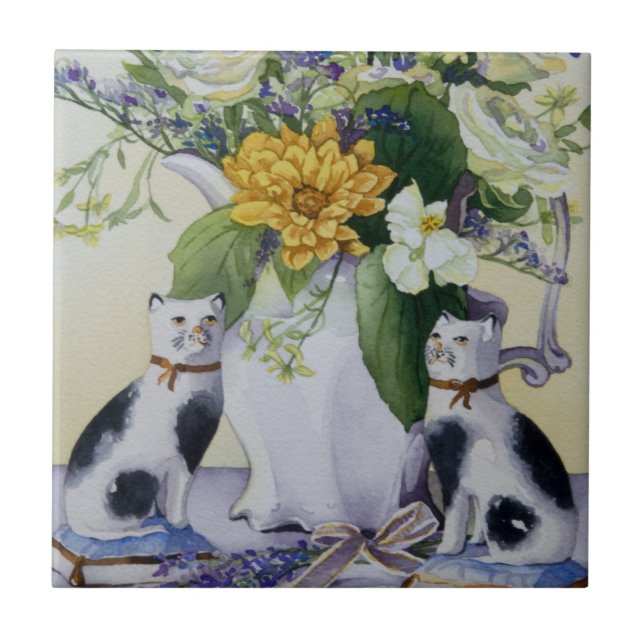 4930 Floral and Precelain Cats Ceramic Tile (Front)